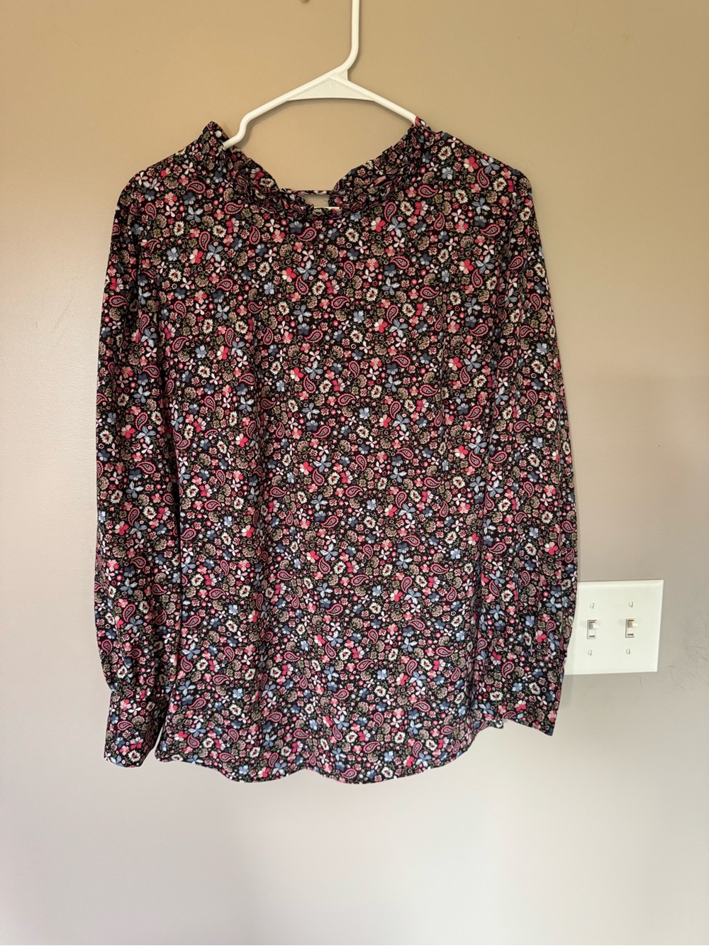 LOFT Black Floral Long-Sleeve Blouse with Pink Accents